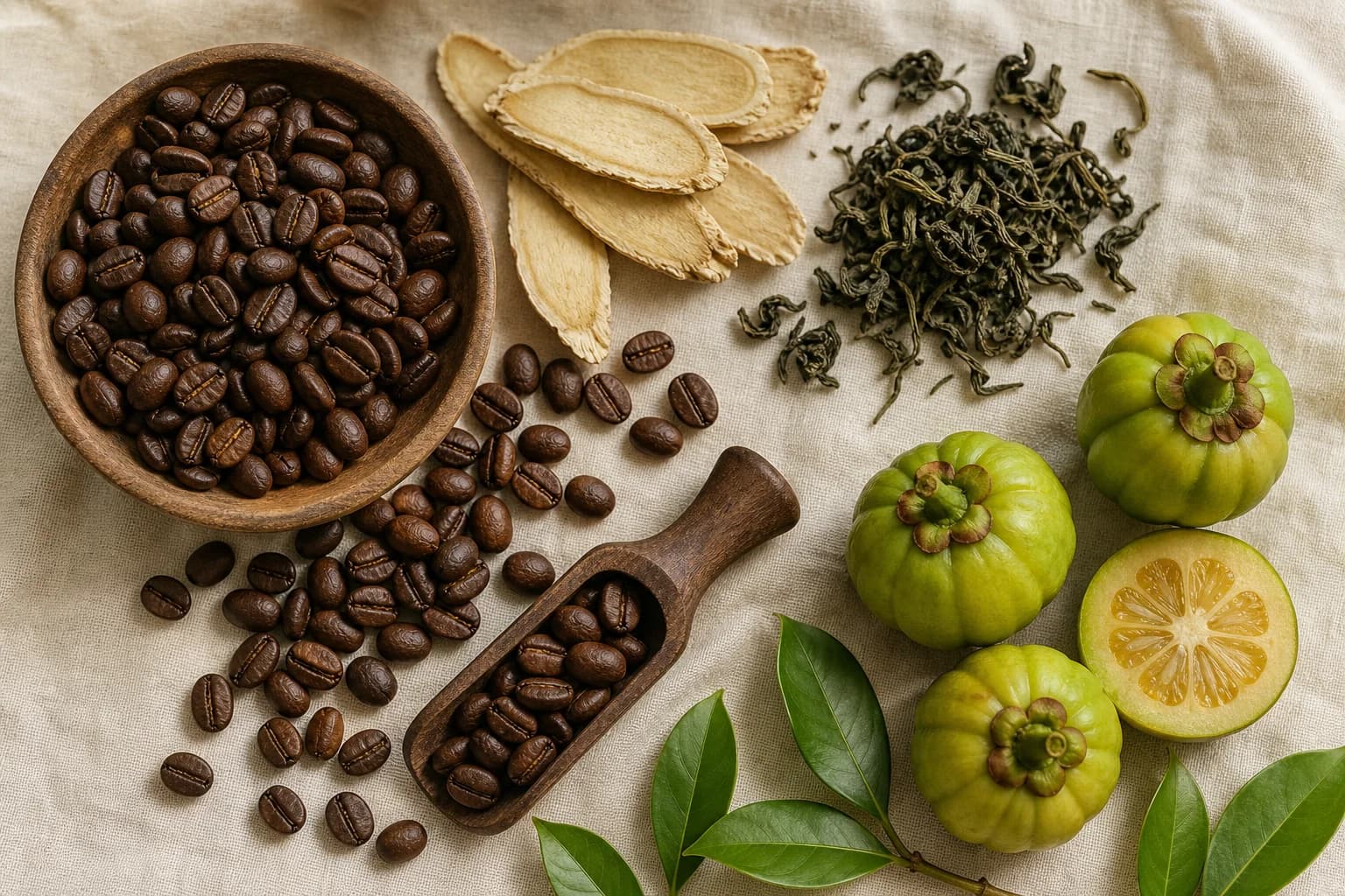 Coffee, ginseng root, green tea leaves and garcinia cambogia laid out